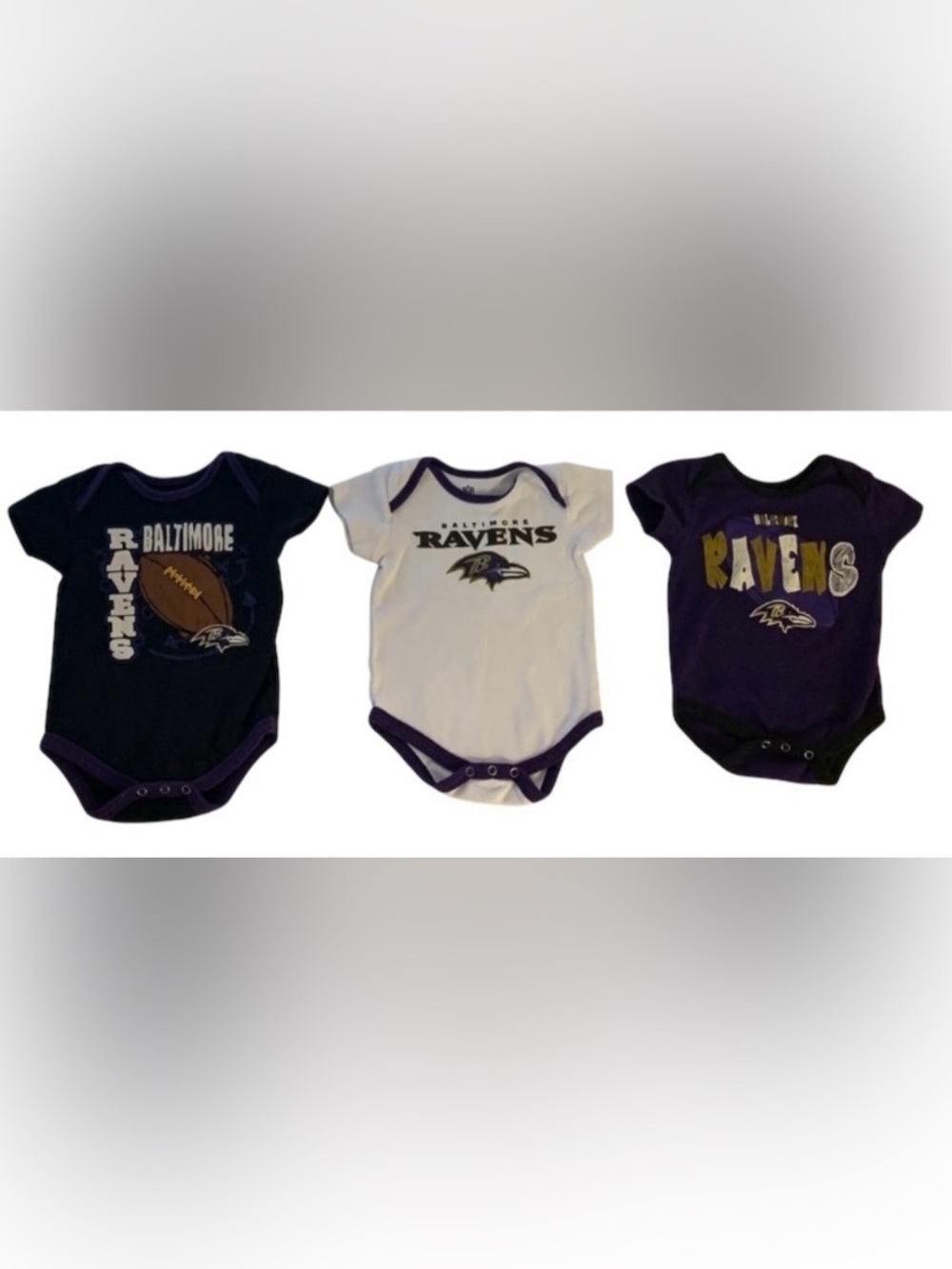 NFL Baltimore Ravens Three Piece Bodysuit Lot 6/9 Months Purple Black Cotton